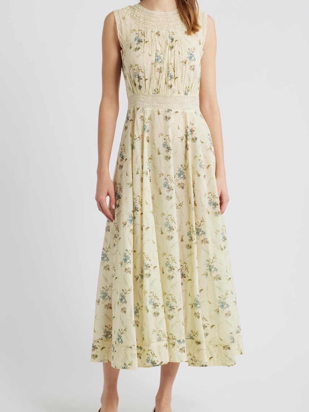 Sleeveless Floral Midi Dress in Pale Yellow